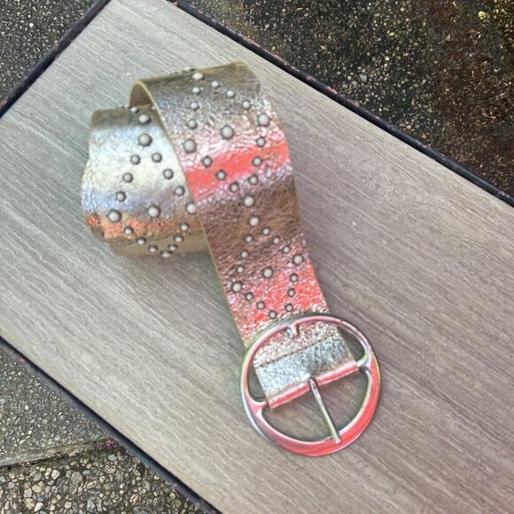 Another Line Inc. Metallic Gold Italian Leather Studded Wide Belt Side Large - Picture 5 of 7